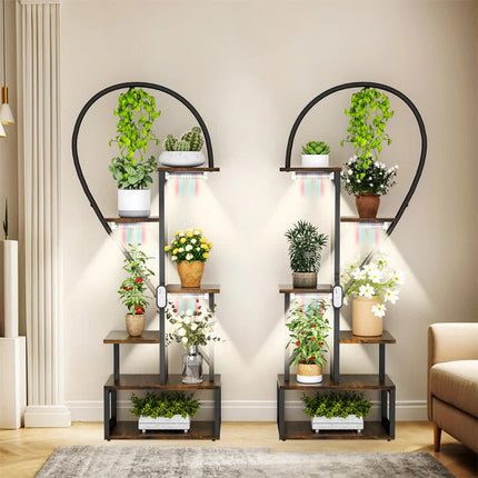 P&P Black & Brown Heart-Shaped Plant Stand with USB Grow Lights for Indoor Plant Display.