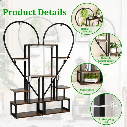 P&P Black & Brown Heart-Shaped Plant Stand with USB Grow Lights for Indoor Plant Display.