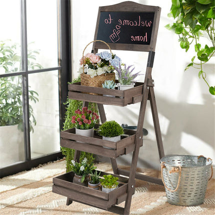 3-Tier A-Frame Wooden Sidewalk Sign Chalkboard With Display Shelf Planter Stand.