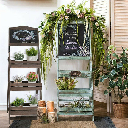 3-Tier A-Frame Wooden Sidewalk Sign Chalkboard With Display Shelf Planter Stand.