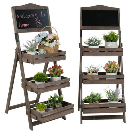 3-Tier A-Frame Wooden Sidewalk Sign Chalkboard With Display Shelf Planter Stand.