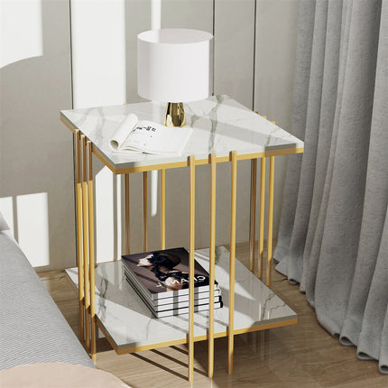 2 Tier End Table Bedside Tables Sintered Stone Nightstand Display Storage Shelf.