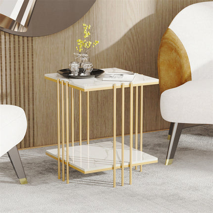 2 Tier End Table Bedside Tables Sintered Stone Nightstand Display Storage Shelf.