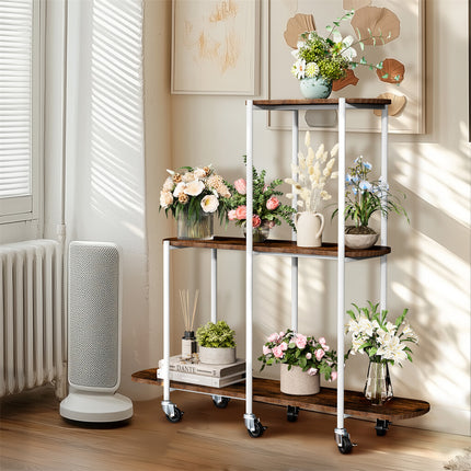 FIN Vintage Plant Holder 3 Tiers Storage Shelf Unit with Lockable Casters Garden.