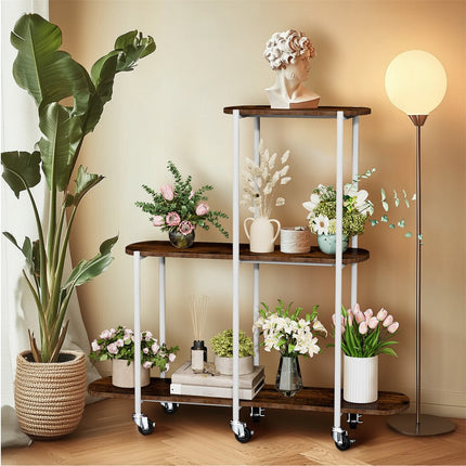 FIN Vintage Plant Holder 3 Tiers Storage Shelf Unit with Lockable Casters Garden.