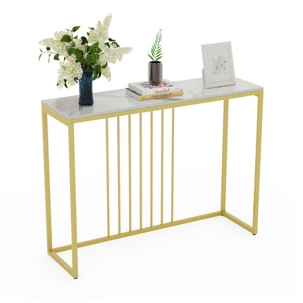 Narrow Console Sofa Entry Table Behind Couch Table Sintered Stone Golden Frame.