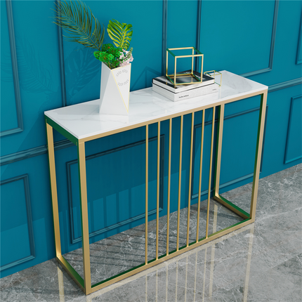 Narrow Console Sofa Entry Table Behind Couch Table Sintered Stone Golden Frame.