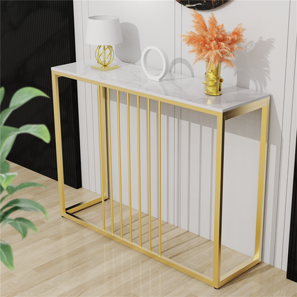 Narrow Console Sofa Entry Table Behind Couch Table Sintered Stone Golden Frame.
