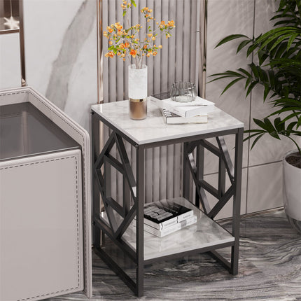 Sleek White Marble Side Table Sofa End Table Bedside Nightstand w Durable Frame.