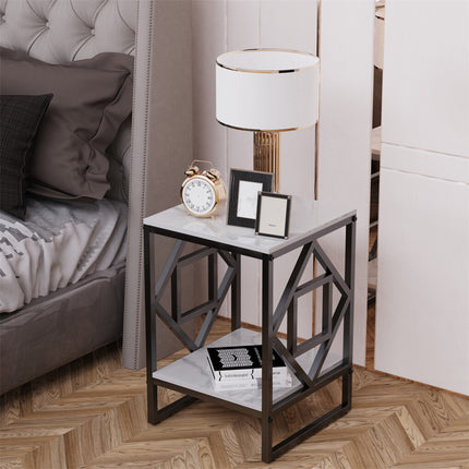 Sleek White Marble Side Table Sofa End Table Bedside Nightstand w Durable Frame.