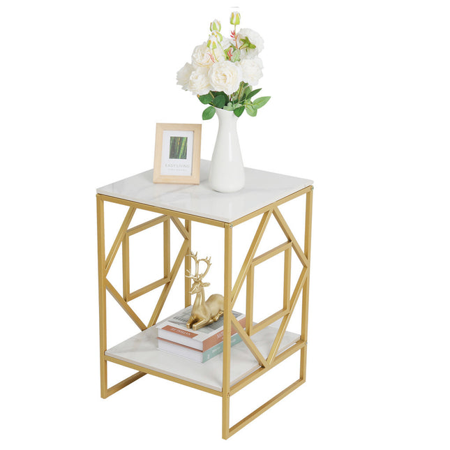 White Marble Gold Side Table Living Room End Accent Table Nightstand with Shelf.