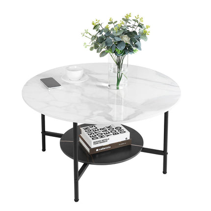 White Real Marble Round Coffee Table w/ Open Storage Modern Living Accent Table.