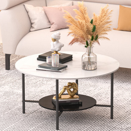 White Real Marble Round Coffee Table w/ Open Storage Modern Living Accent Table.