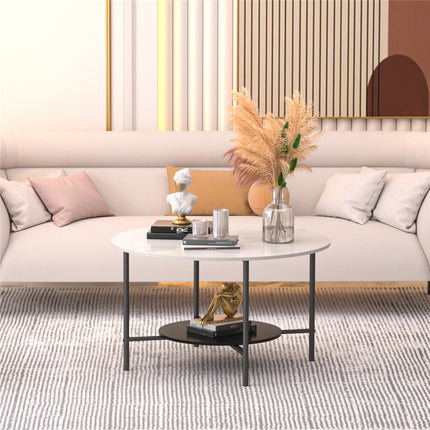 White Real Marble Round Coffee Table w/ Open Storage Modern Living Accent Table.