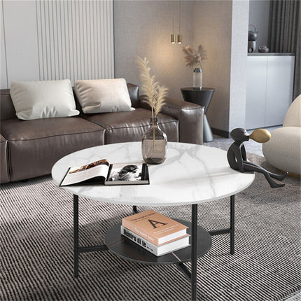 White Real Marble Round Coffee Table w/ Open Storage Modern Living Accent Table.