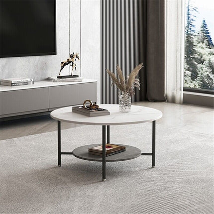 White Real Marble Round Coffee Table w/ Open Storage Modern Living Accent Table.