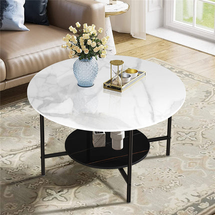 White Real Marble Round Coffee Table w/ Open Storage Modern Living Accent Table.