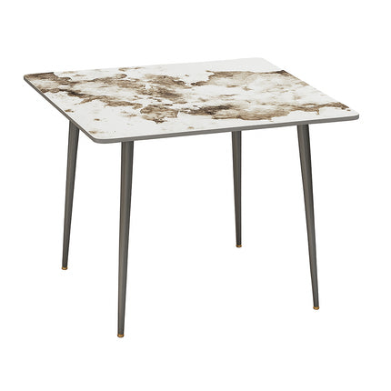 Glossy White Sintered Stone Dining Table With Black Metal Base Frame.