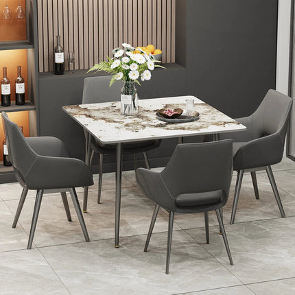 Glossy White Sintered Stone Dining Table With Black Metal Base Frame.