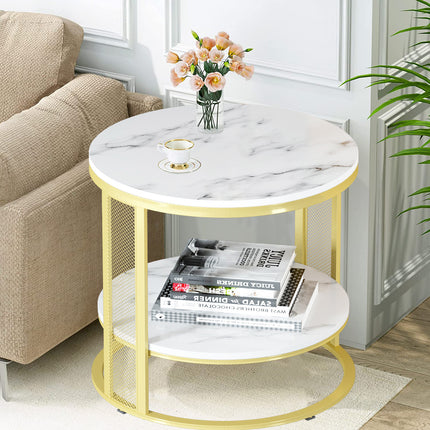 White Marble Side End Table Round Coffee Accent Table Nightstand Gold Iron Frame.