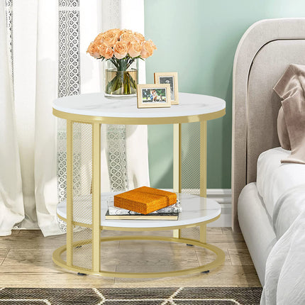 White Marble Side End Table Round Coffee Accent Table Nightstand Gold Iron Frame.