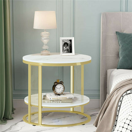 White Marble Side End Table Round Coffee Accent Table Nightstand Gold Iron Frame.