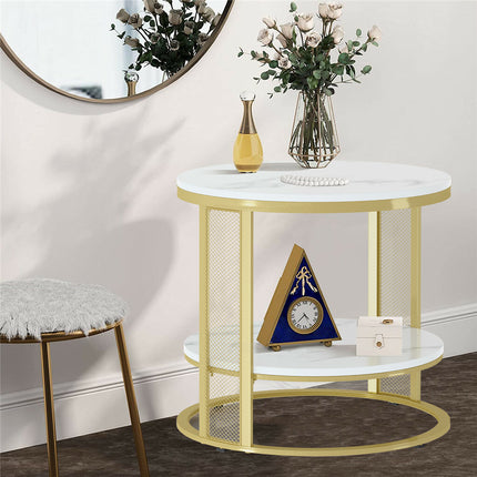 White Marble Side End Table Round Coffee Accent Table Nightstand Gold Iron Frame.
