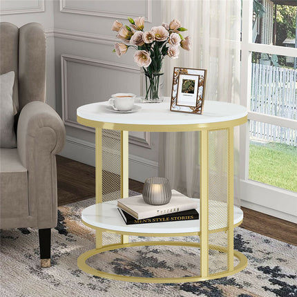 White Marble Side End Table Round Coffee Accent Table Nightstand Gold Iron Frame.