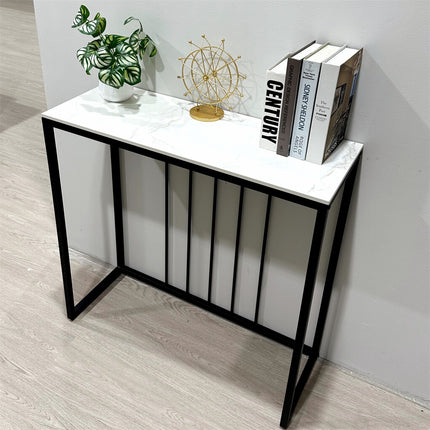 80cm White & Grey Sintered Stone Console Table Storage Table Behind Sofa W/ Black Metal Frame.