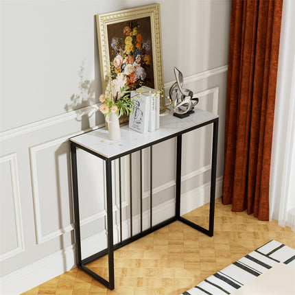 80cm White & Grey Sintered Stone Console Table Storage Table Behind Sofa W/ Black Metal Frame.