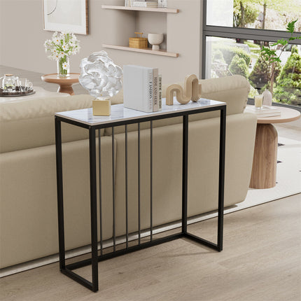 80cm White & Grey Sintered Stone Console Table Storage Table Behind Sofa W/ Black Metal Frame.