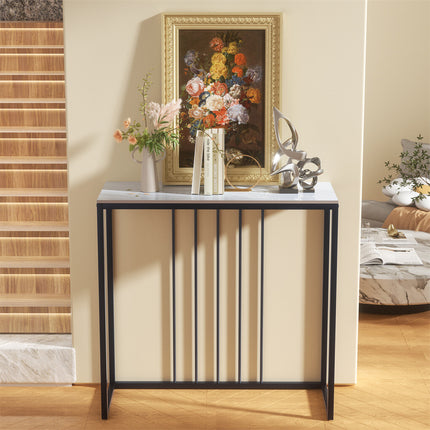 80cm White & Grey Sintered Stone Console Table Storage Table Behind Sofa W/ Black Metal Frame.