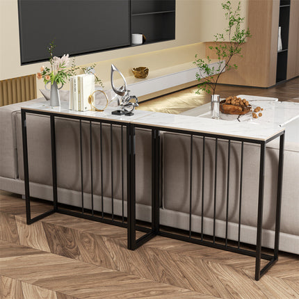80cm White & Grey Sintered Stone Console Table Storage Table Behind Sofa W/ Black Metal Frame.