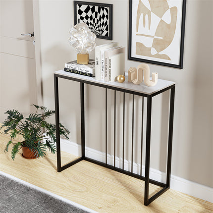 80cm White & Grey Sintered Stone Console Table Storage Table Behind Sofa W/ Black Metal Frame.