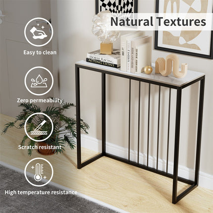80cm White & Grey Sintered Stone Console Table Storage Table Behind Sofa W/ Black Metal Frame.