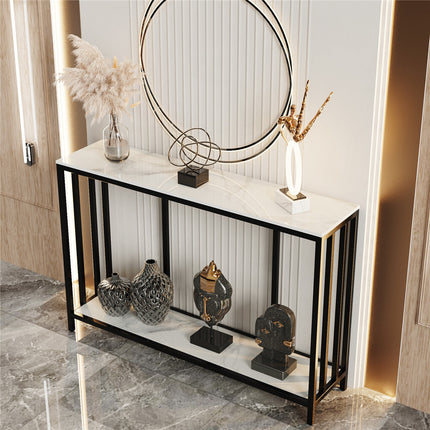 2-Tier White Marble Entryway Console Table Extra Long Foyer Couch Table.