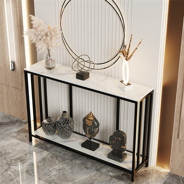2-Tier White Marble Entryway Console Table Extra Long Foyer Couch Table.