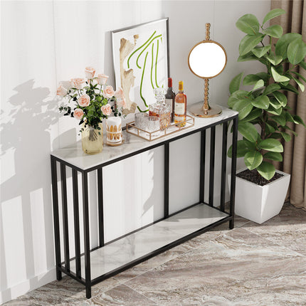 2-Tier White Marble Entryway Console Table Extra Long Foyer Couch Table.