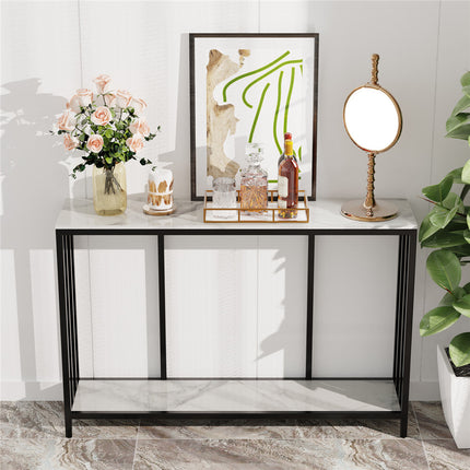 2-Tier White Marble Entryway Console Table Extra Long Foyer Couch Table.