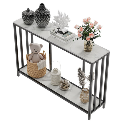 2-Tier White Marble Entryway Console Table Extra Long Foyer Couch Table.