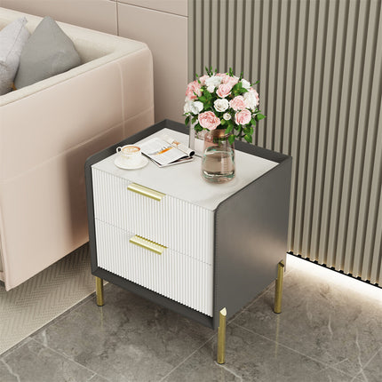 3 Tier Leather Sides Bedside Table Wooden Nighstand Marble Top Luxury Furniture.