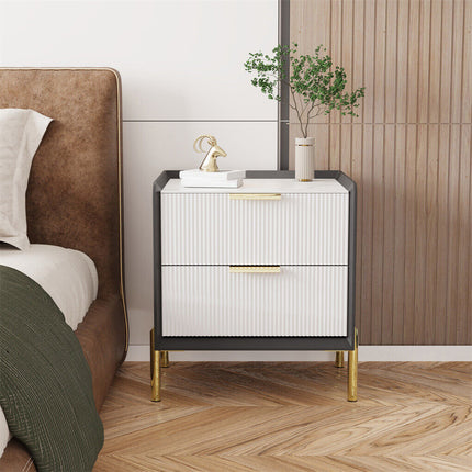 3 Tier Leather Sides Bedside Table Wooden Nighstand Marble Top Luxury Furniture.
