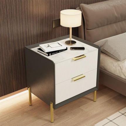3 Tier Leather Sides Bedside Table Wooden Nighstand Marble Top Luxury Furniture.