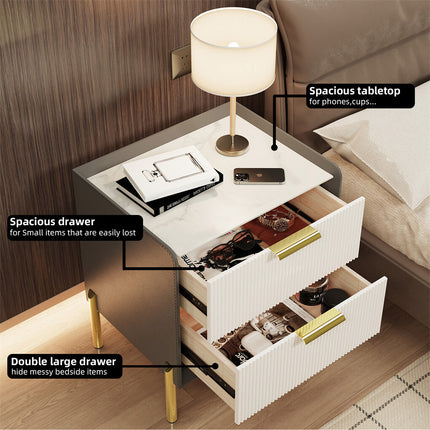 3 Tier Leather Sides Bedside Table Wooden Nighstand Marble Top Luxury Furniture.