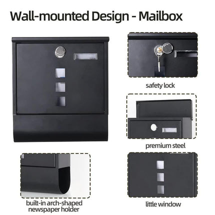 Lockable Mailbox Wall Mounted Mail Letter Post Box with Newspaper Holder Rack.