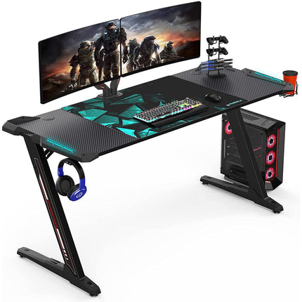 Z-Shaped Computer Gaming Desk with RGB LED Lights Home Office Table X-Large 140cm.