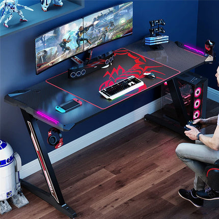 Z-Shaped Computer Gaming Desk with RGB LED Lights Home Office Table X-Large 140cm.