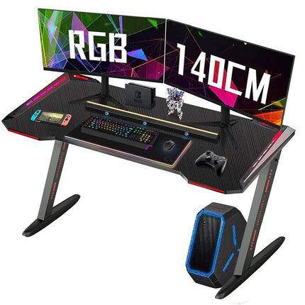 Z-Shaped Computer Gaming Desk with RGB LED Lights Home Office Table X-Large 140cm.