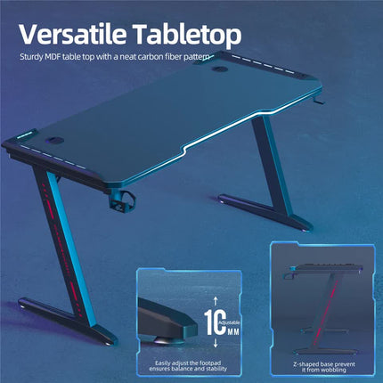 Z-Shaped Computer Gaming Desk with RGB LED Lights Home Office Table X-Large 140cm.