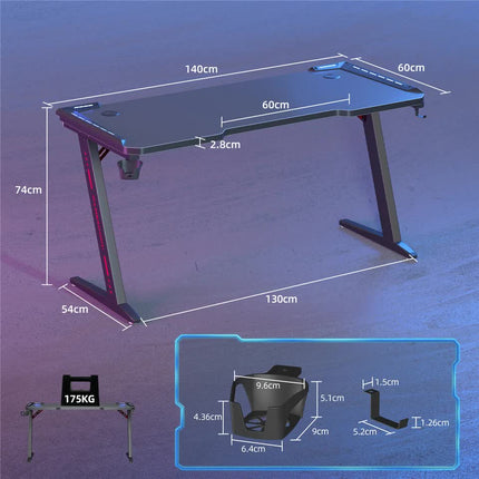 Z-Shaped Computer Gaming Desk with RGB LED Lights Home Office Table X-Large 140cm.